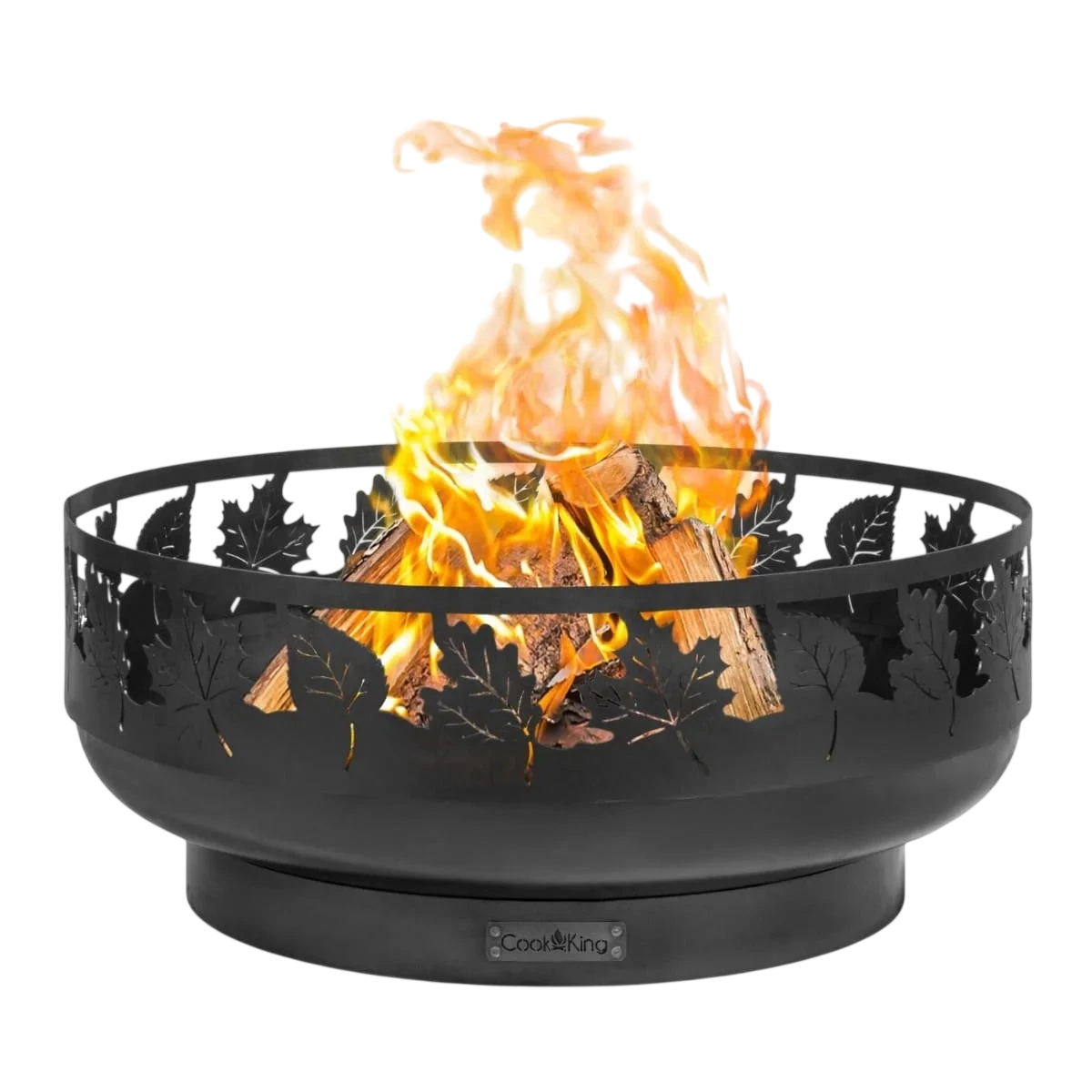 Fosse de feu à feuille d’érable noire avec construction en métal et design pour usage extérieur.