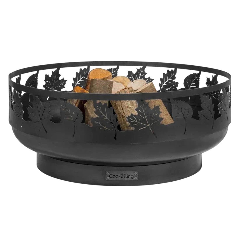 Foyer de feu en métal noir avec design de feuilles, nom du modèle ’compagnon de camping’ par campfire gear.