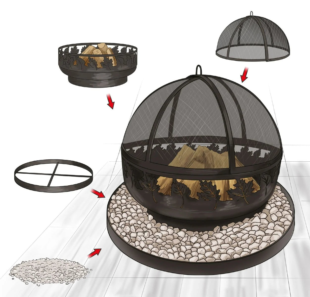 Foyer de feu noir en forme de dôme avec écran en maille et grille en métal, conçu pour une utilisation en extérieur.