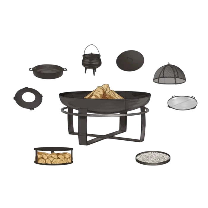 Foyer de feu en fonte noire avec base en pierre et accessoires de cuisson inclus, adapté à un usage extérieur.