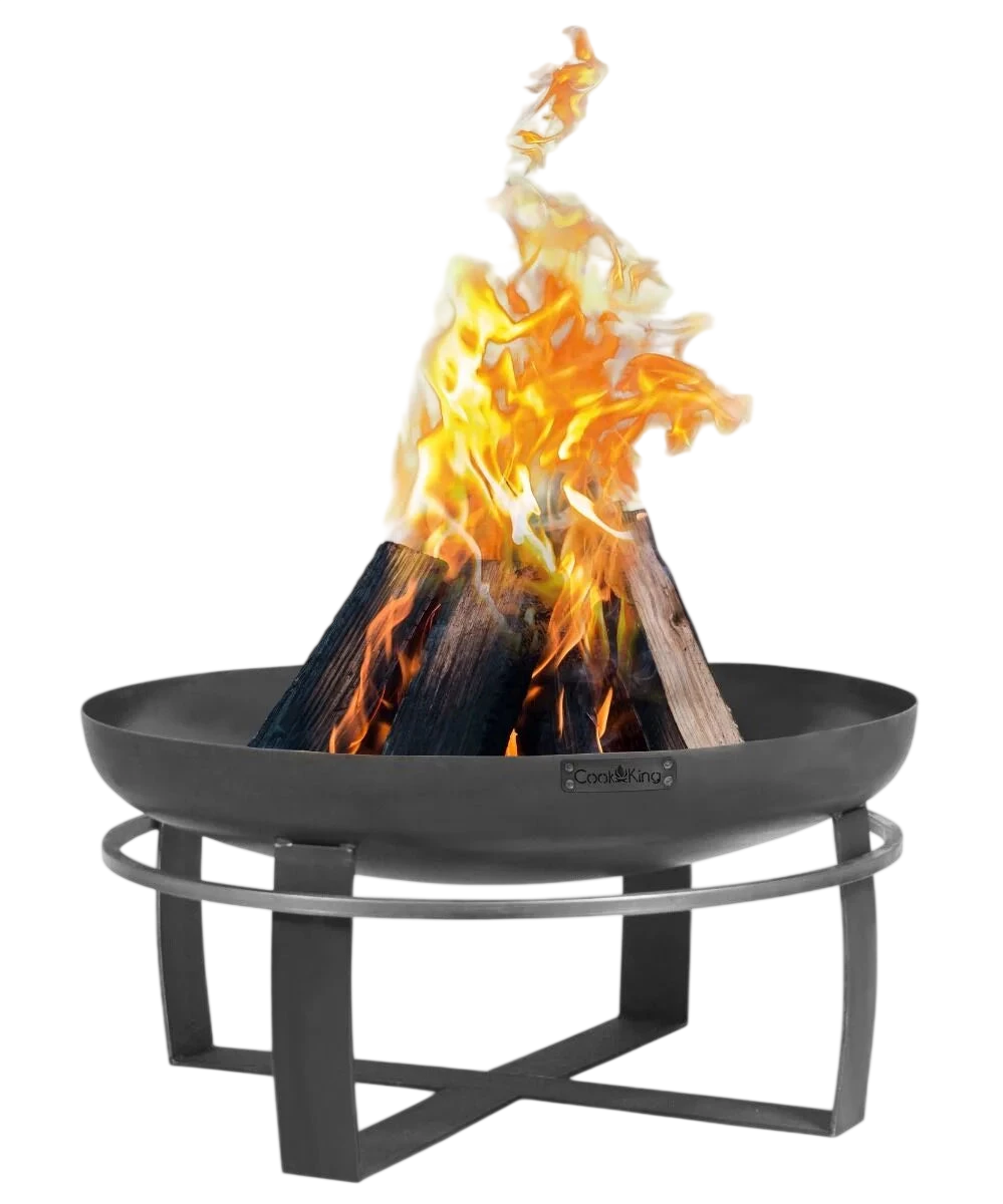 Foyer d’incendie noir avec cadre métallique et grille circulaire, conçu pour un usage en extérieur.