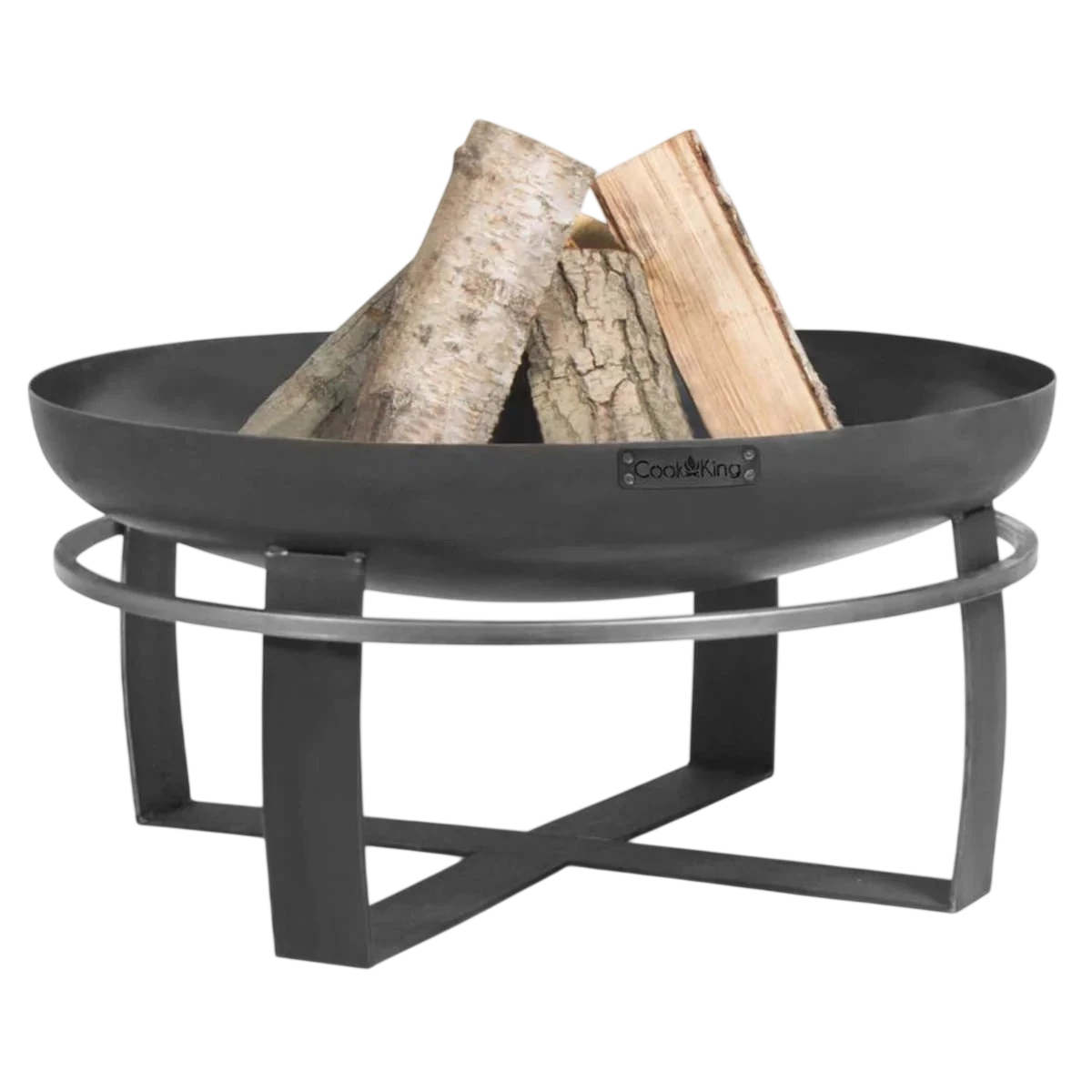 Foyer de feu de couleur charbon avec une base géométrique moderne et un rebord métallique courbé, conçu par cordking.