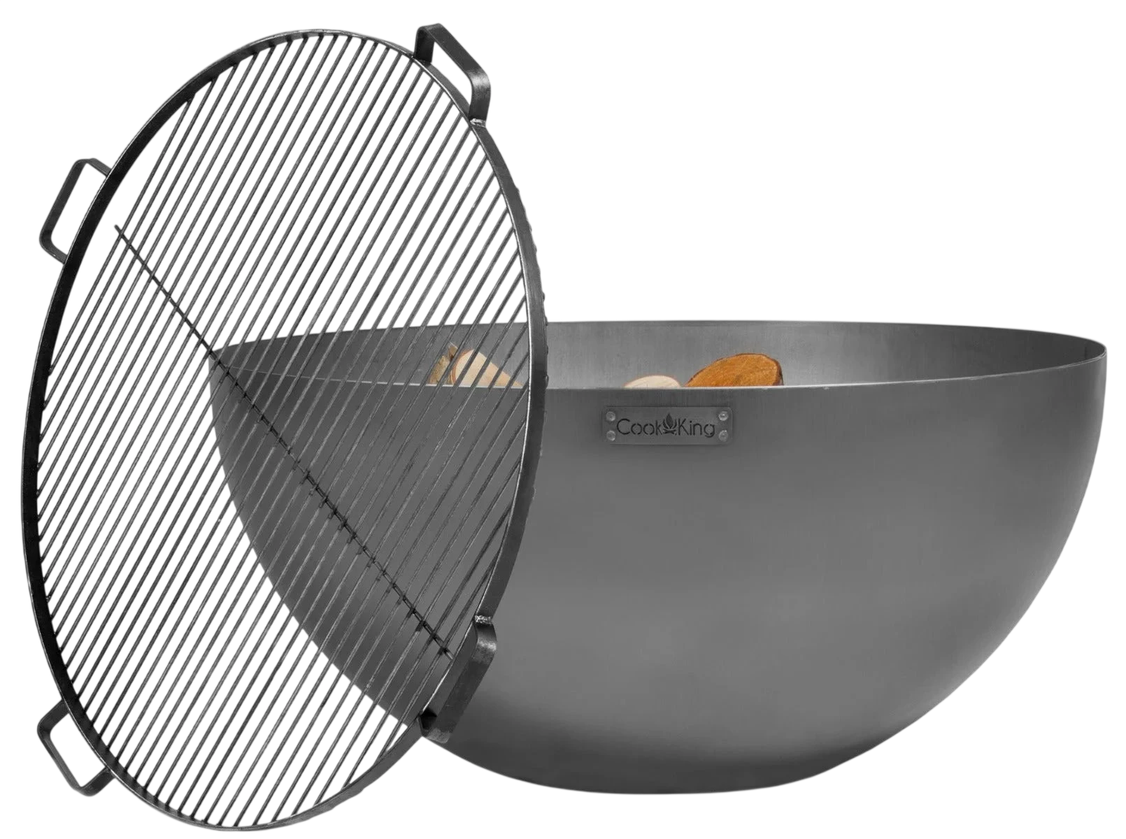 Bol de gril au charbon avec grille noire et poignée, marque cooking king.