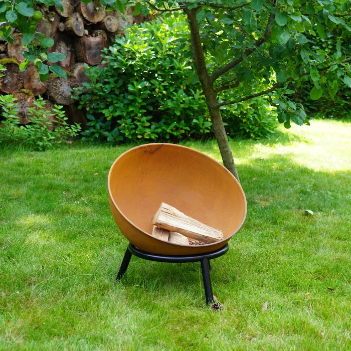 Brasero acier rouille rond Ø60 cm sur pied à bois KAPPA 60