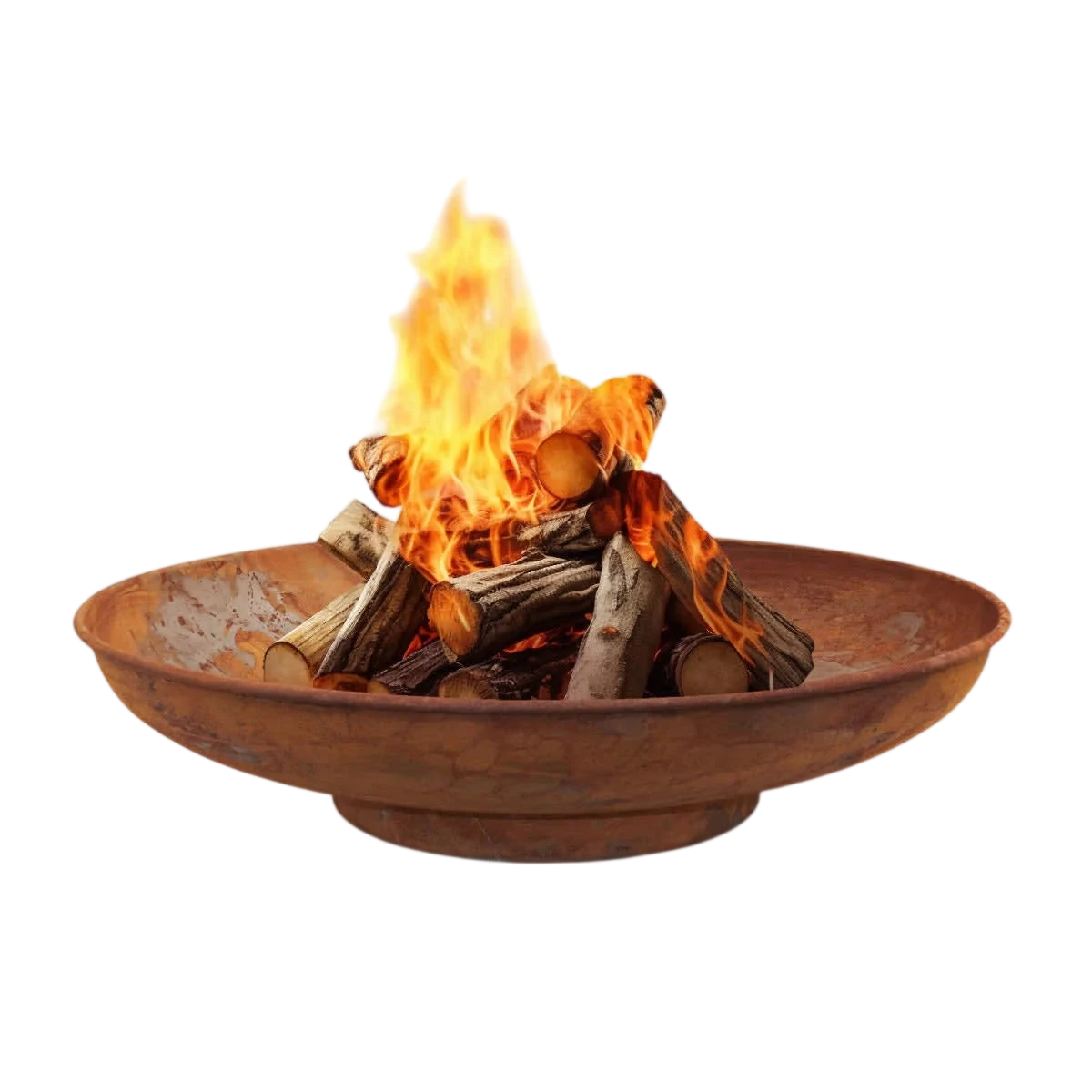 Bol en terre cuite pour foyer avec des bûches en train de brûler et des flammes