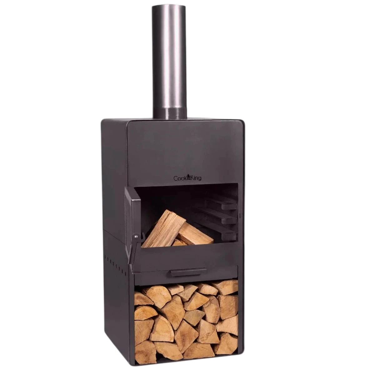Poêle à bois noir avec cheminée argentée et compartiment de rangement pour bois de chauffage