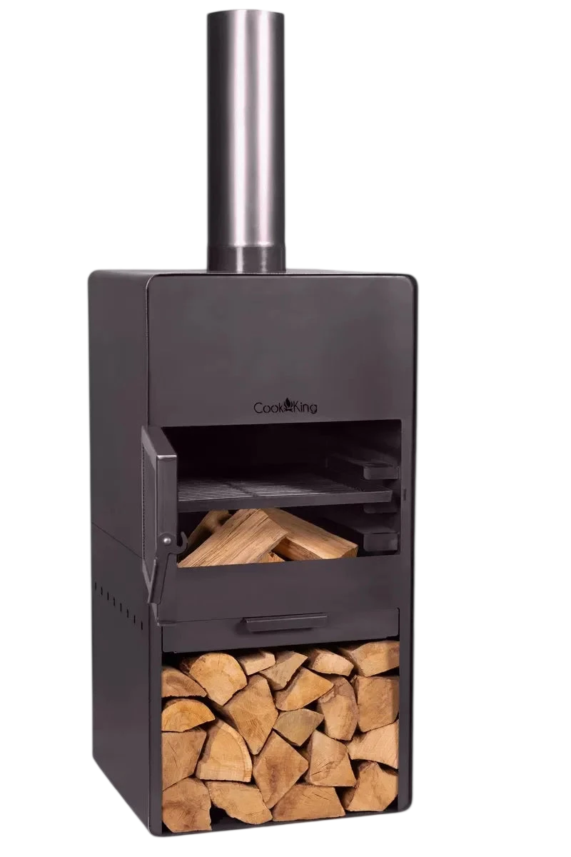 Poêle à bois noir avec cheminée argentée et rangement pour bûches.