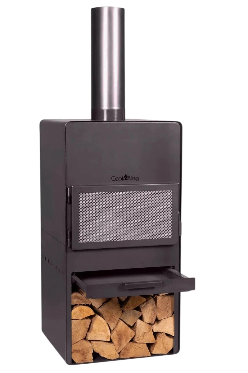 Poêle à bois noir avec cheminée argentée et compartiment de rangement pour le bois de chauffage.