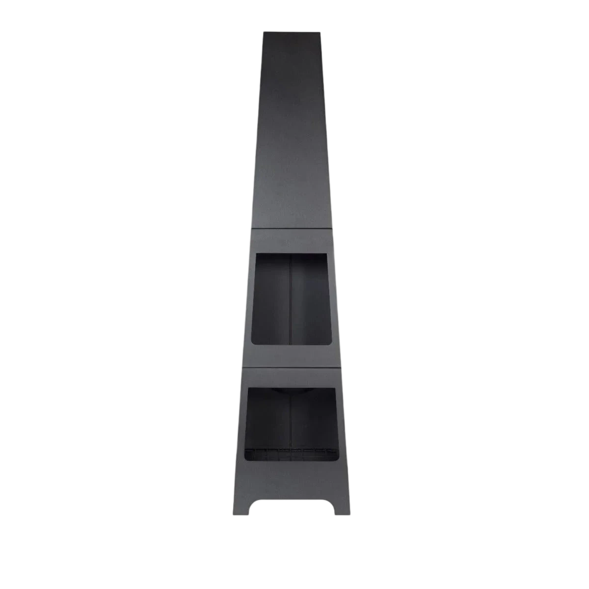 Cheminée de style métal noir moderne avec un design épuré et minimaliste et deux compartiments à façade vitrée.