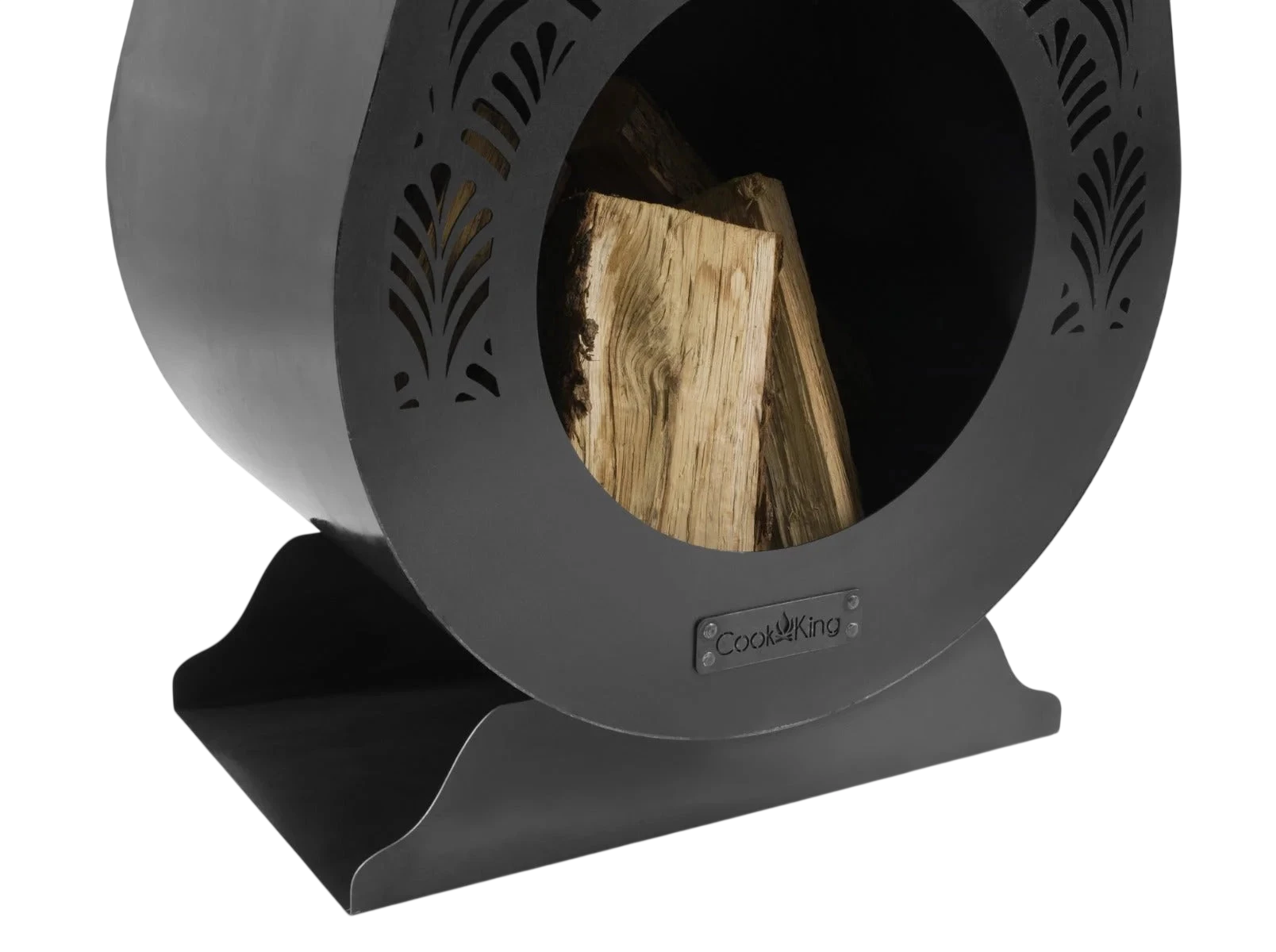 Porte-bûches en métal noir avec motif décoratif de feuilles et base incurvée, conçu par exoterra.