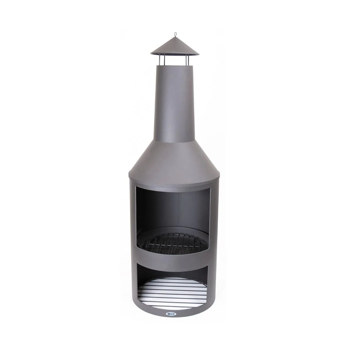 Cheminée de foyer extérieur gris anthracite avec un toit pointu et une grille en métal.