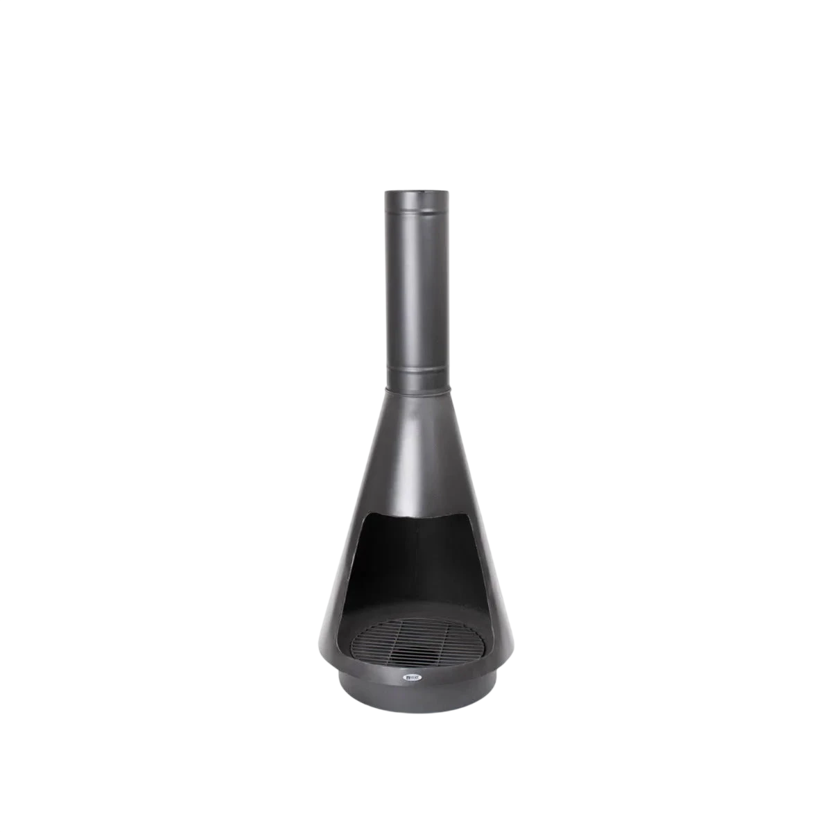 Cheminée extérieure conique noire avec cheminée en verre et base en métal.