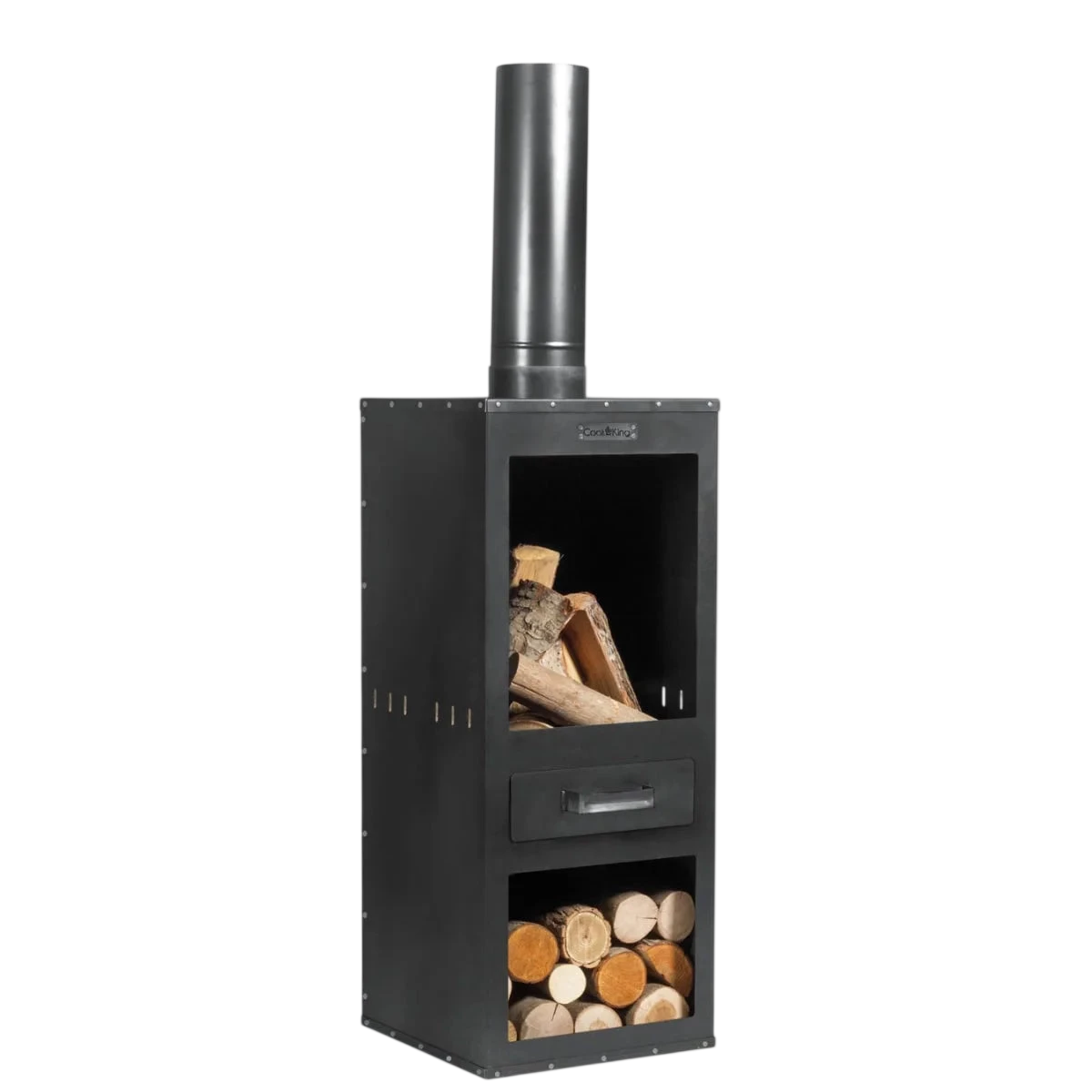 Poêle à bois noir avec cheminée en métal et compartiment de rangement pour les bûches.