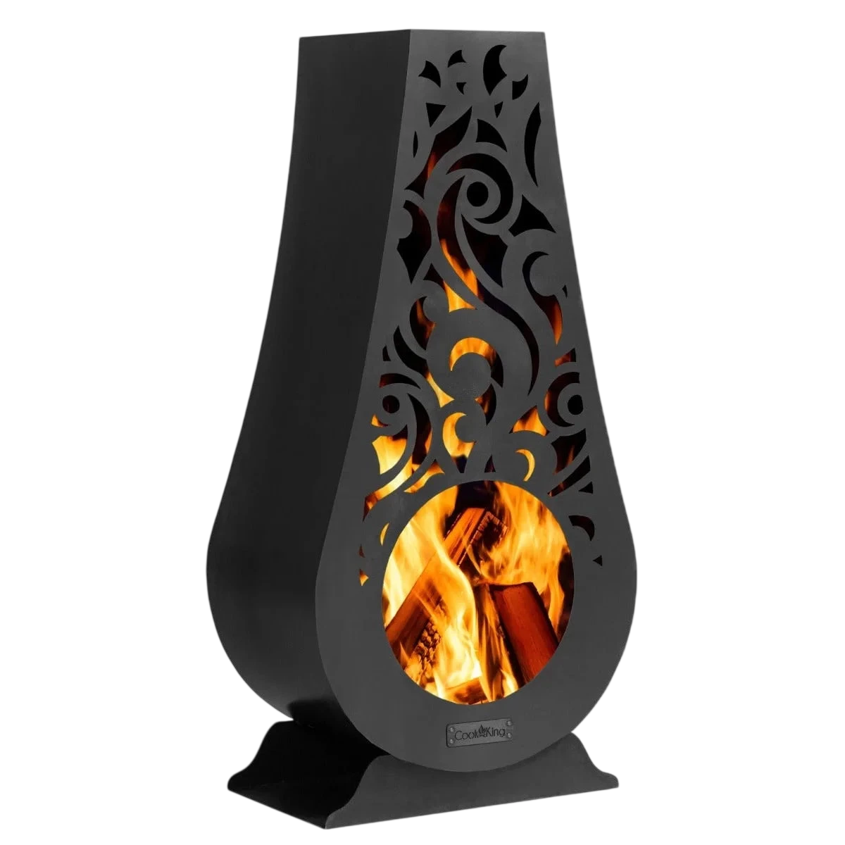 Foyer de feu en métal noir avec un design floral complexe et une façade en verre