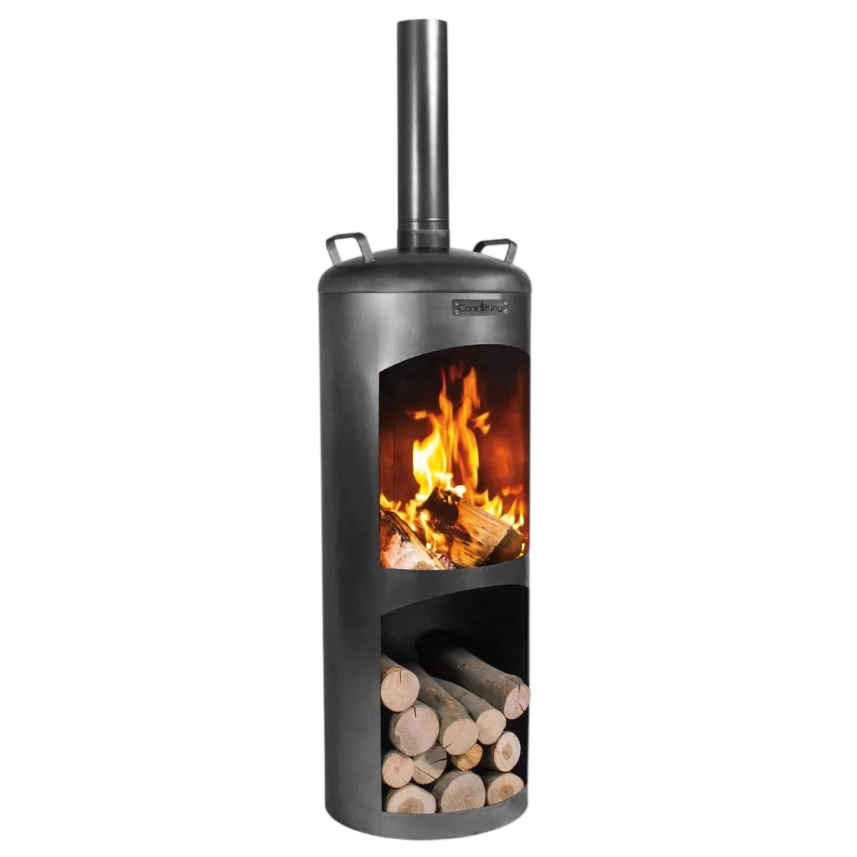 Poêle à bois cylindrique noir avec devant en verre et cheminée