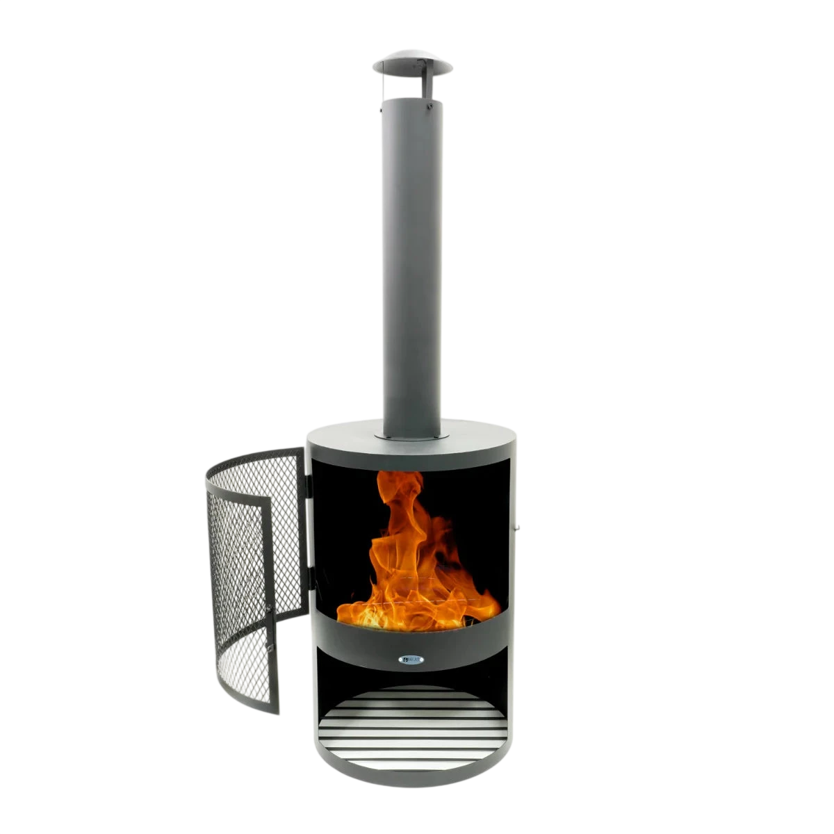 Cheminée extérieure cylindrique noire avec porte en maille et cheminée