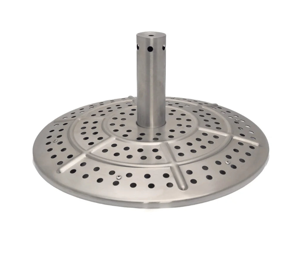 Base de parasol de patio en acier inoxydable avec un mât central et un design circulaire ajouré.