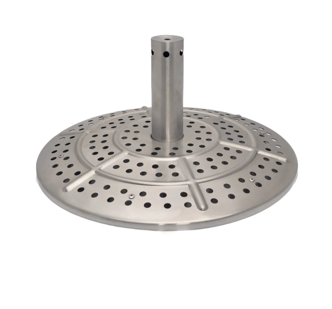 Base de parasol de patio en acier inoxydable avec un mât central et un design circulaire ajouré.