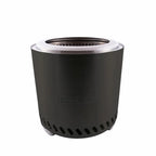 Foyer de feu portable cylindrique noir avec un rebord en acier inoxydable et des évents à la base, présentant le nom de marque « reoar » en relief sur son côté.