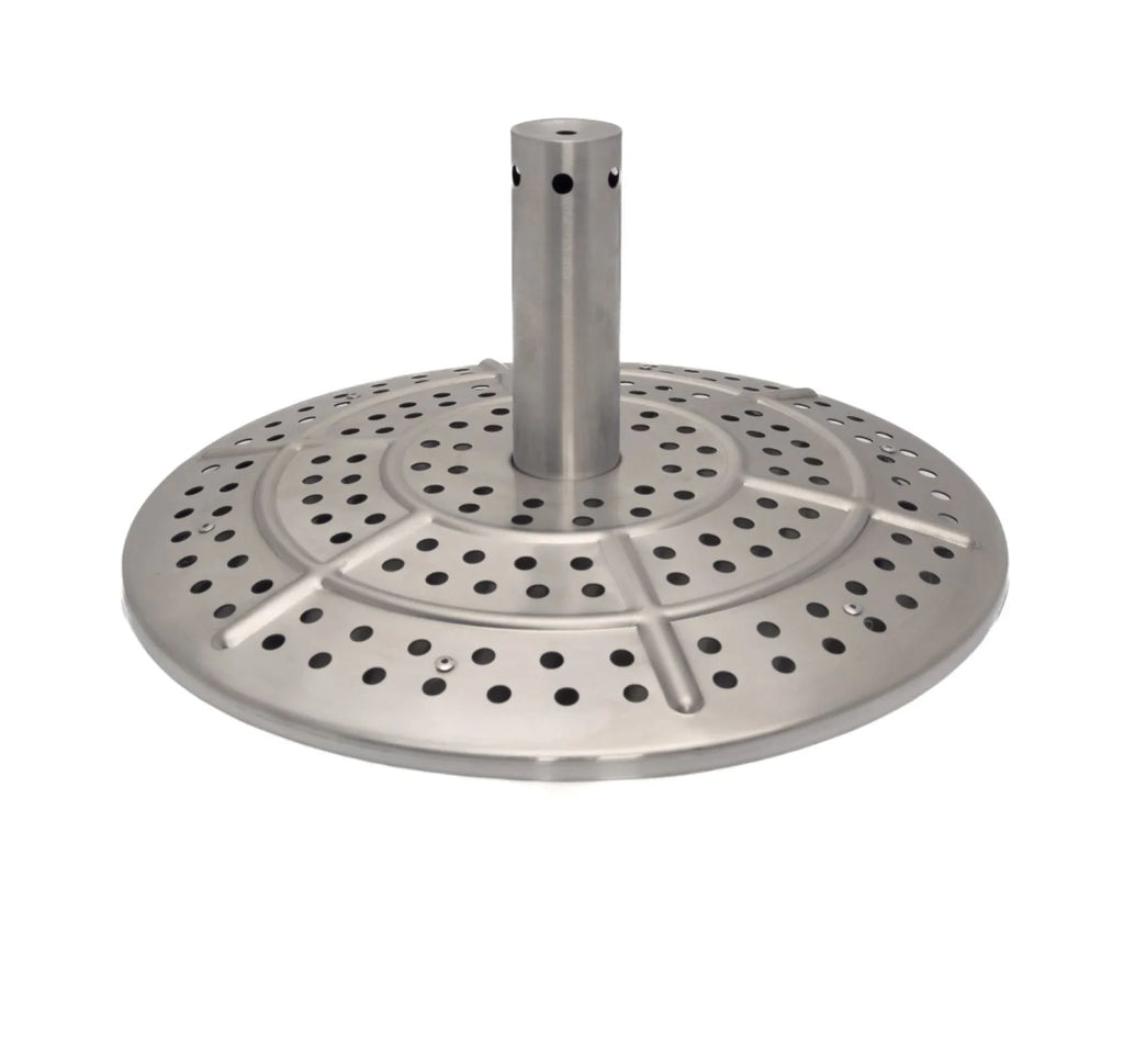 Base de parasol de patio en acier inoxydable avec un mât central et un design circulaire perforé.