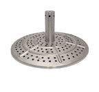 Base de parasol de patio en acier inoxydable avec un mât central et un design circulaire perforé.
