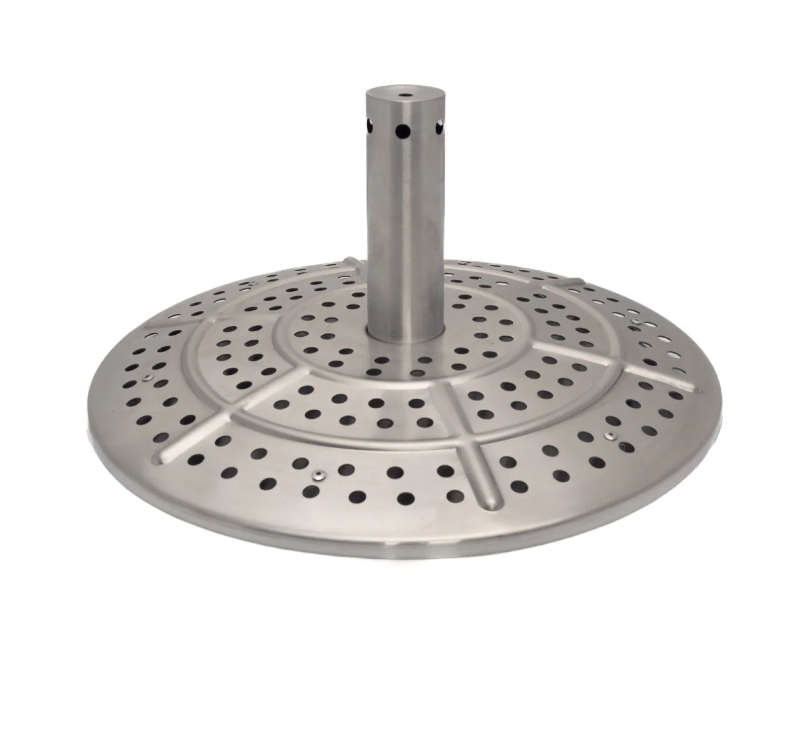 Base de parasol de patio en acier inoxydable avec un mât central et un design circulaire perforé.
