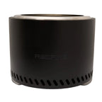 Foyer de feu cylindrique noir avec un rebord et une base en acier inoxydable, présentant le nom de marque « redfire » en relief sur son côté.
