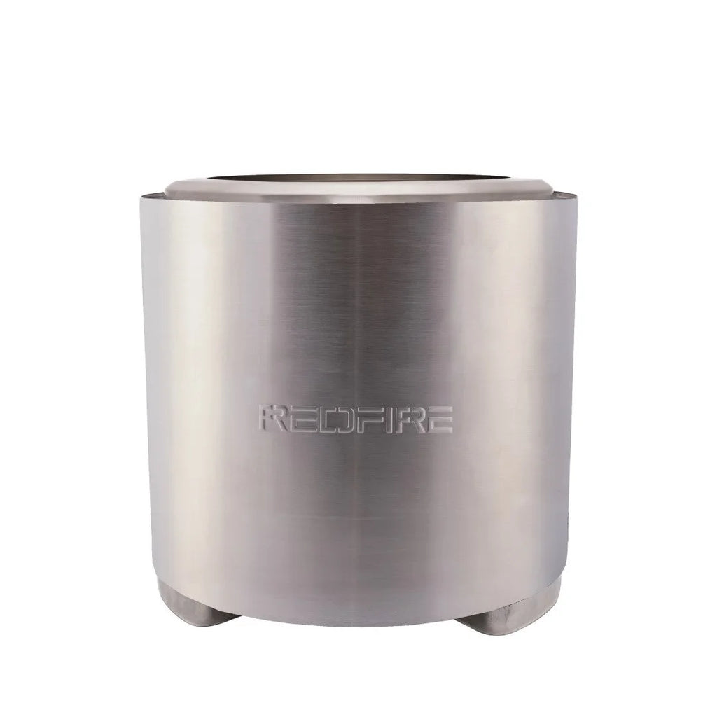 Foyer d’extérieur cylindrique en acier inoxydable avec une finition brossée élégante et le nom de marque « redfire » gravé sur le côté.