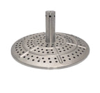 Base de parasol de patio en acier inoxydable avec un poteau central et un design circulaire perforé.
