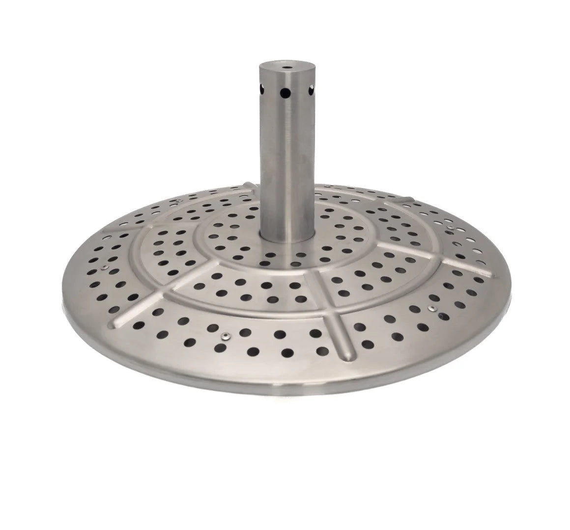Base de parasol de patio en acier inoxydable avec un poteau central et un design circulaire perforé.