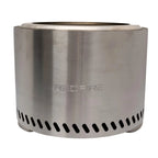 Foyer cylindrique en acier inoxydable argenté avec une finition brossée et des évents ovales noirs autour de la base, marqué ’redfire’.