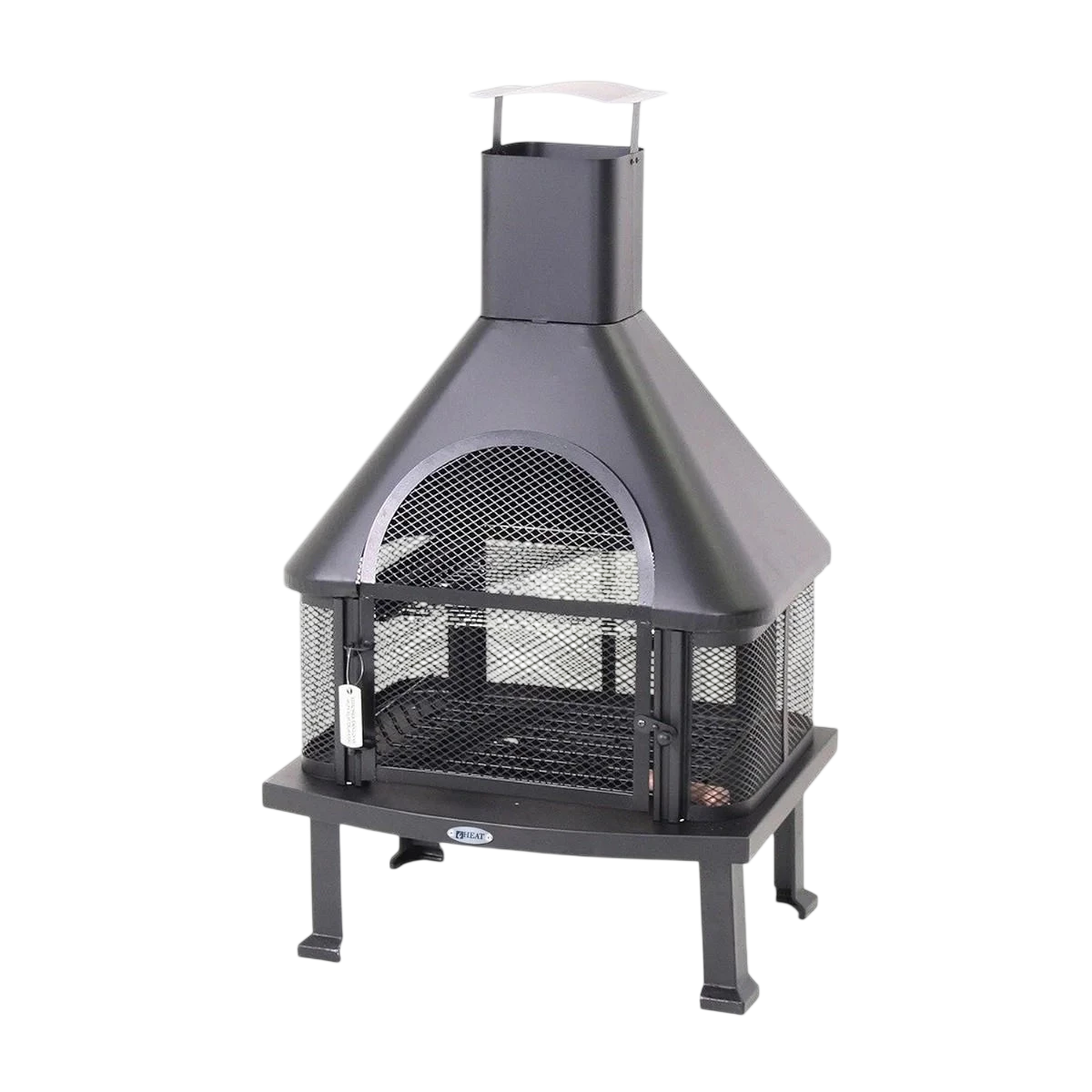 Cheminée extérieure noire avec écran en maille et sommet de cheminée, conçue pour la chaleur dans le jardin ou la terrasse.