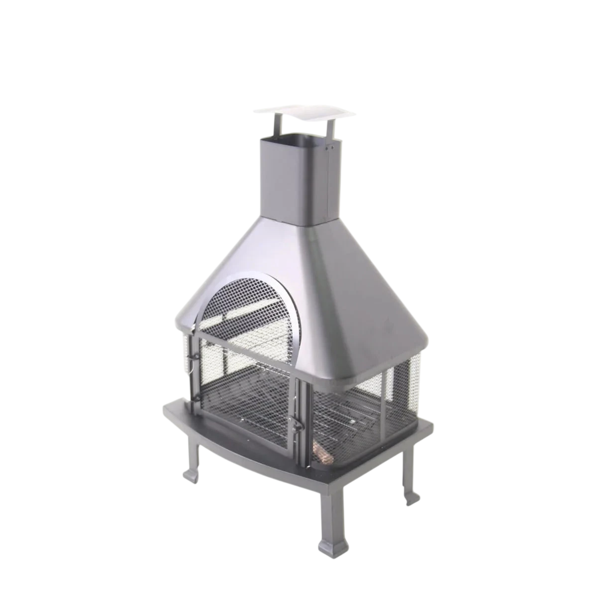 Cheminée extérieure en acier inoxydable avec un écran en maille et un chapeau de cheminée, couleur gris-argent.