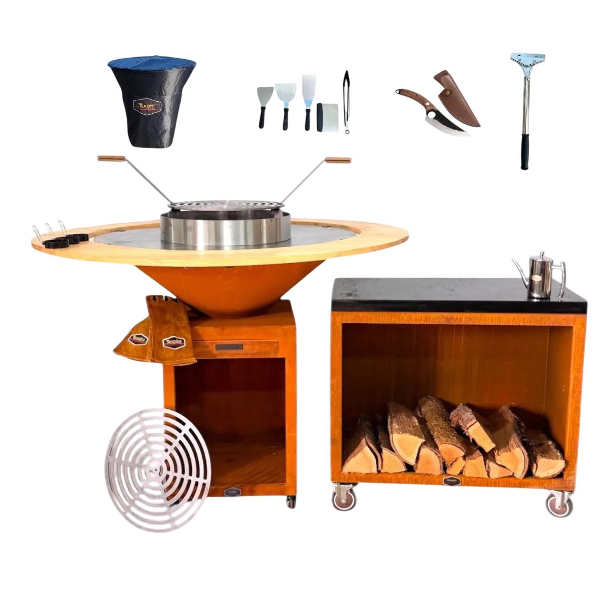 Brasero plancha acier Corten Ø100cm avec table bois et bouilloire