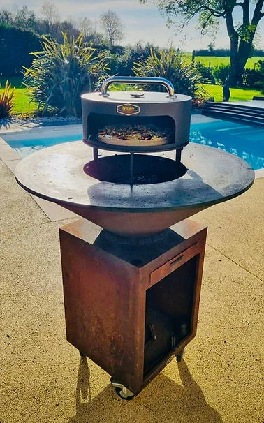 Four à pizza brasero plancha acier corten Ø100cm en inox sur roues