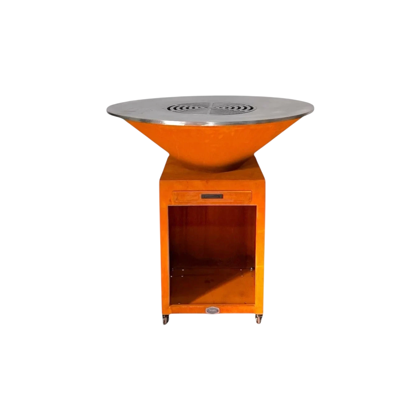 Brasero plancha acier corten Ø100cm luxe, vue arrière orange sur roulettes