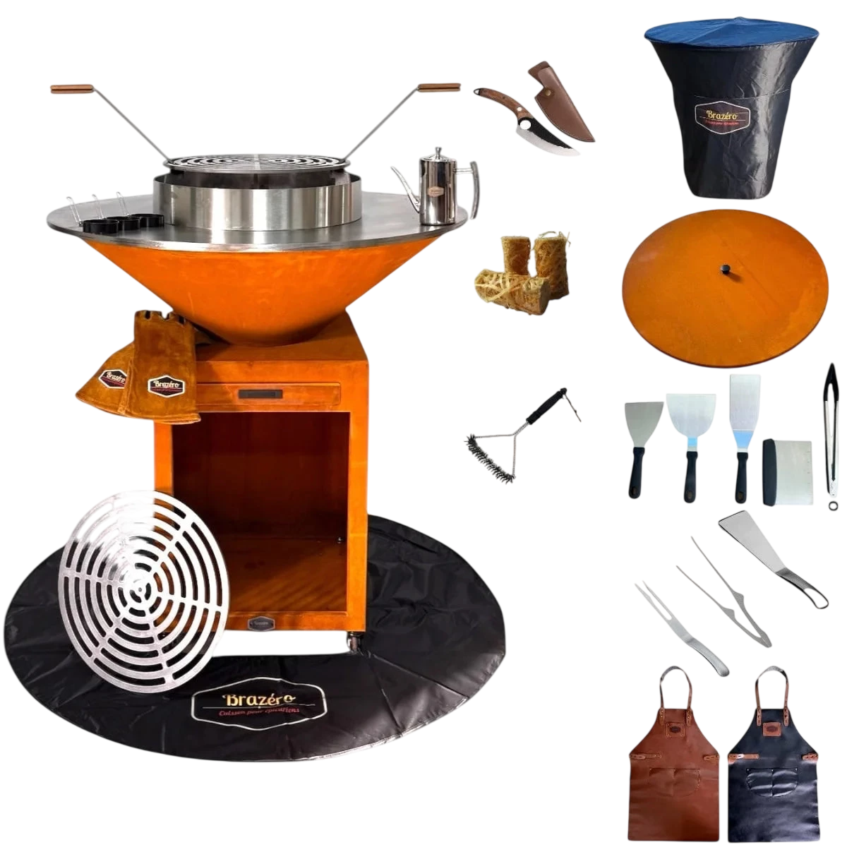 Brasero plancha acier Corten Ø100cm LUXE avec poignées bois