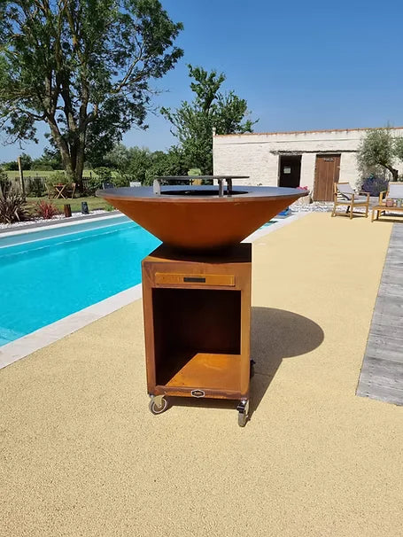 Brasero plancha acier corten Ø100cm luxe, vue rustique sur roues