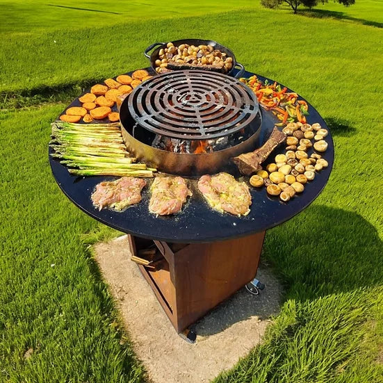 Brasero plancha acier Corten Ø100cm LUXE avec grill et plateaux légumes