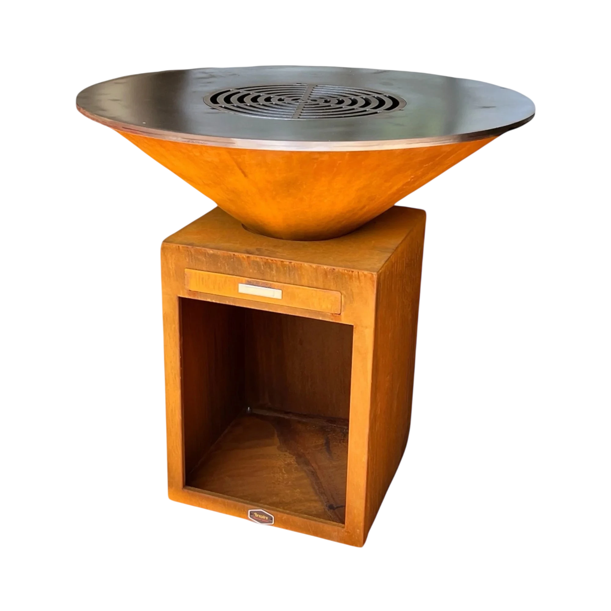Brasero plancha acier corten Ø100cm PREMIUM, vue arrière avec tiroir bois