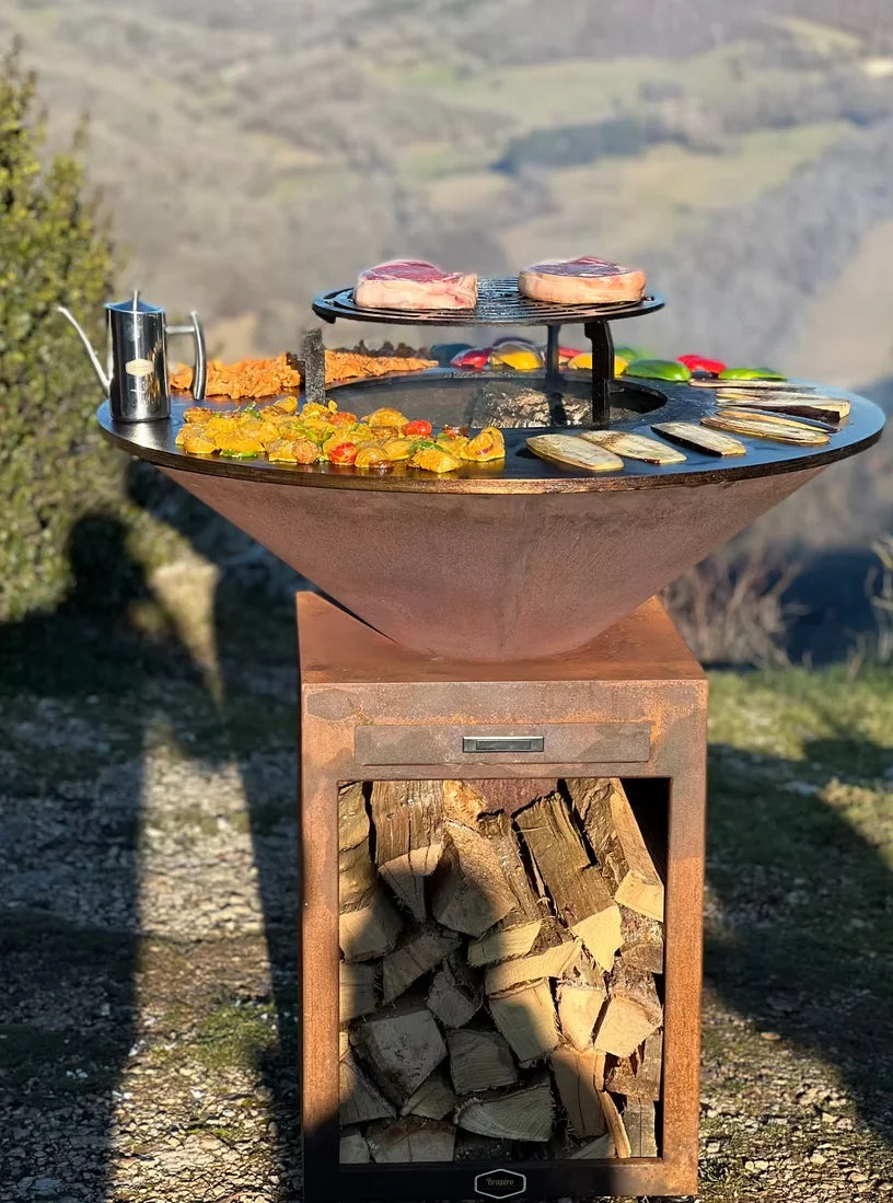 Brasero plancha acier corten Ø100cm Prestige, vue arrière rouille conique