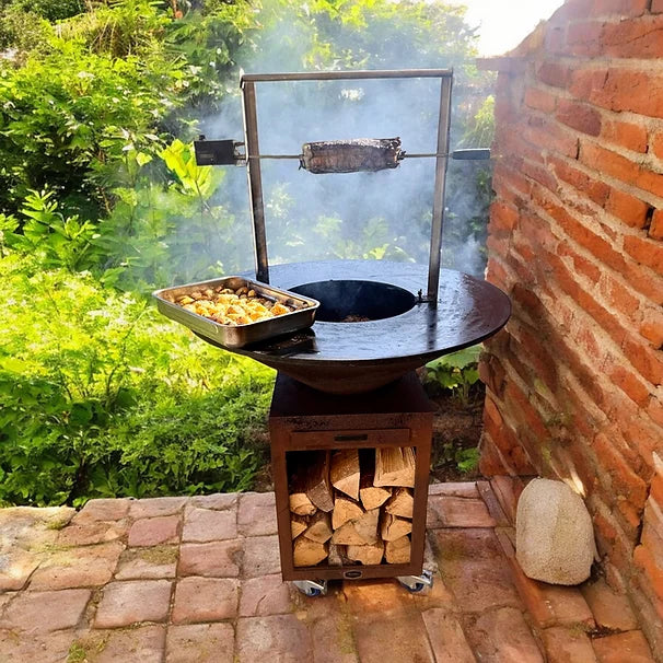 Brasero plancha acier Corten Ø100cm avec tourne-broche rustique