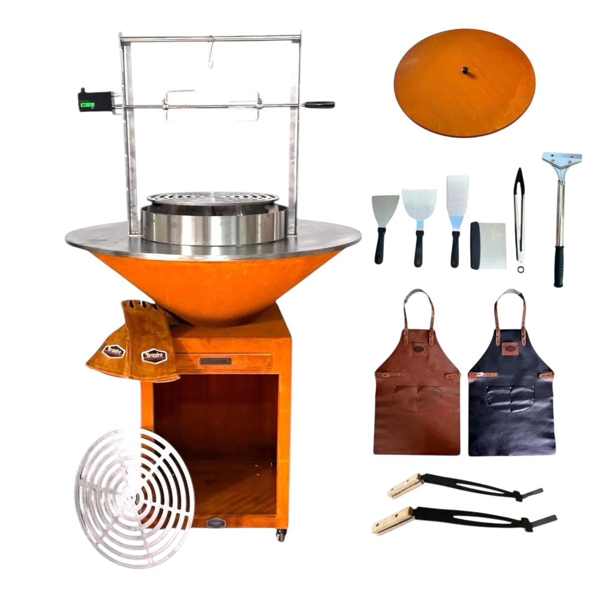 Brasero plancha acier Corten Ø100cm avec tourne-broche