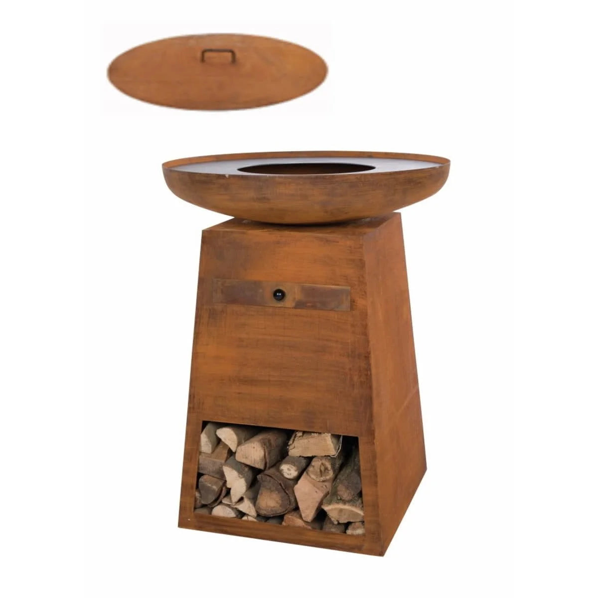 Foyer de feu en acier rouillé avec un couvercle assorti et un compartiment de rangement pour le bois.