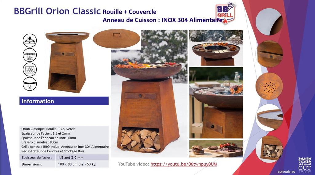 Foyer de feu rond Orion Classic Bbgrill avec bol de cuisson en acier rouillé et base en bois, doté d’un couvercle en acier inoxydable 304.
