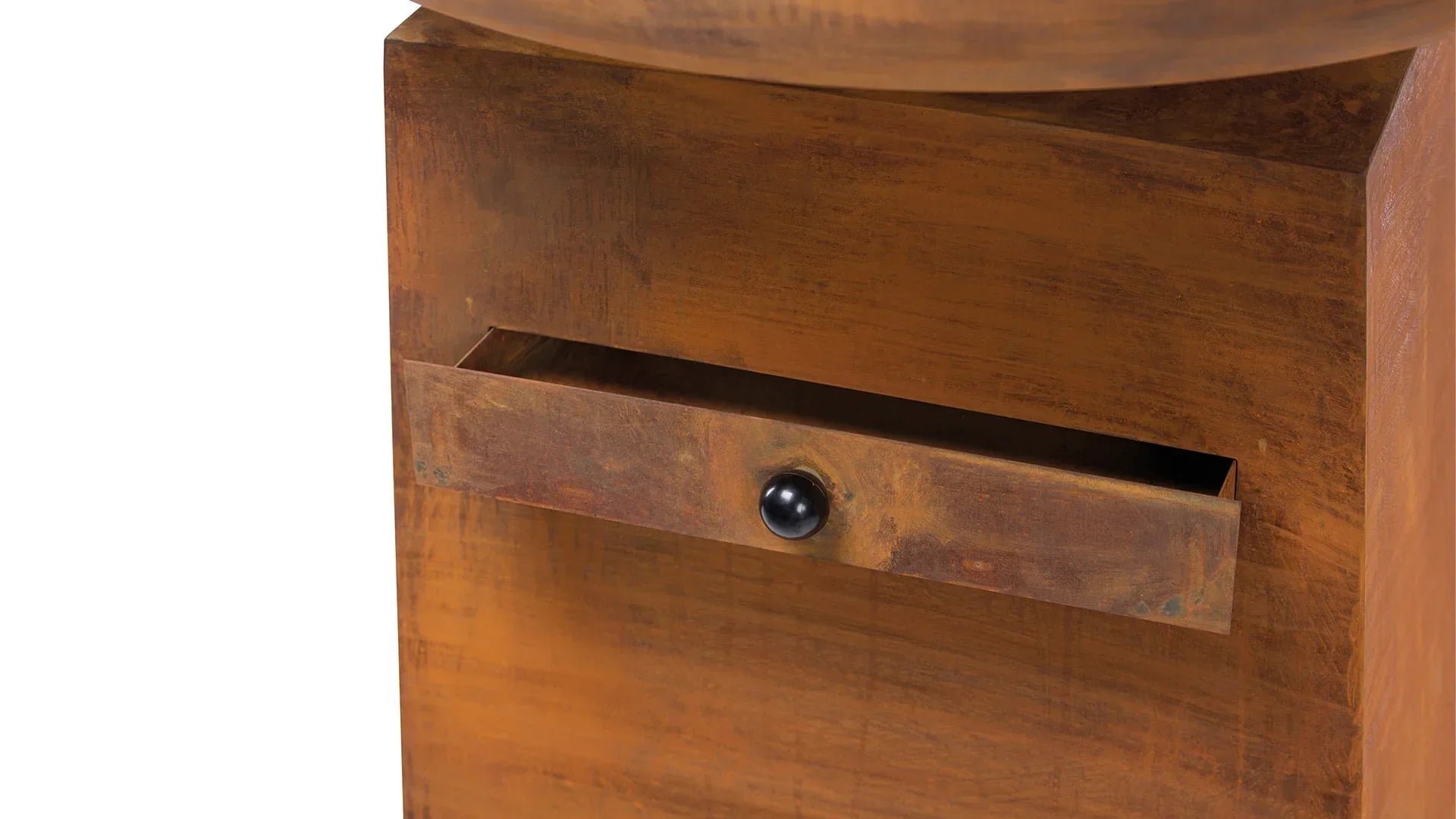 Table de nuit rustique en bois avec un seul tiroir et une poignée ronde noire