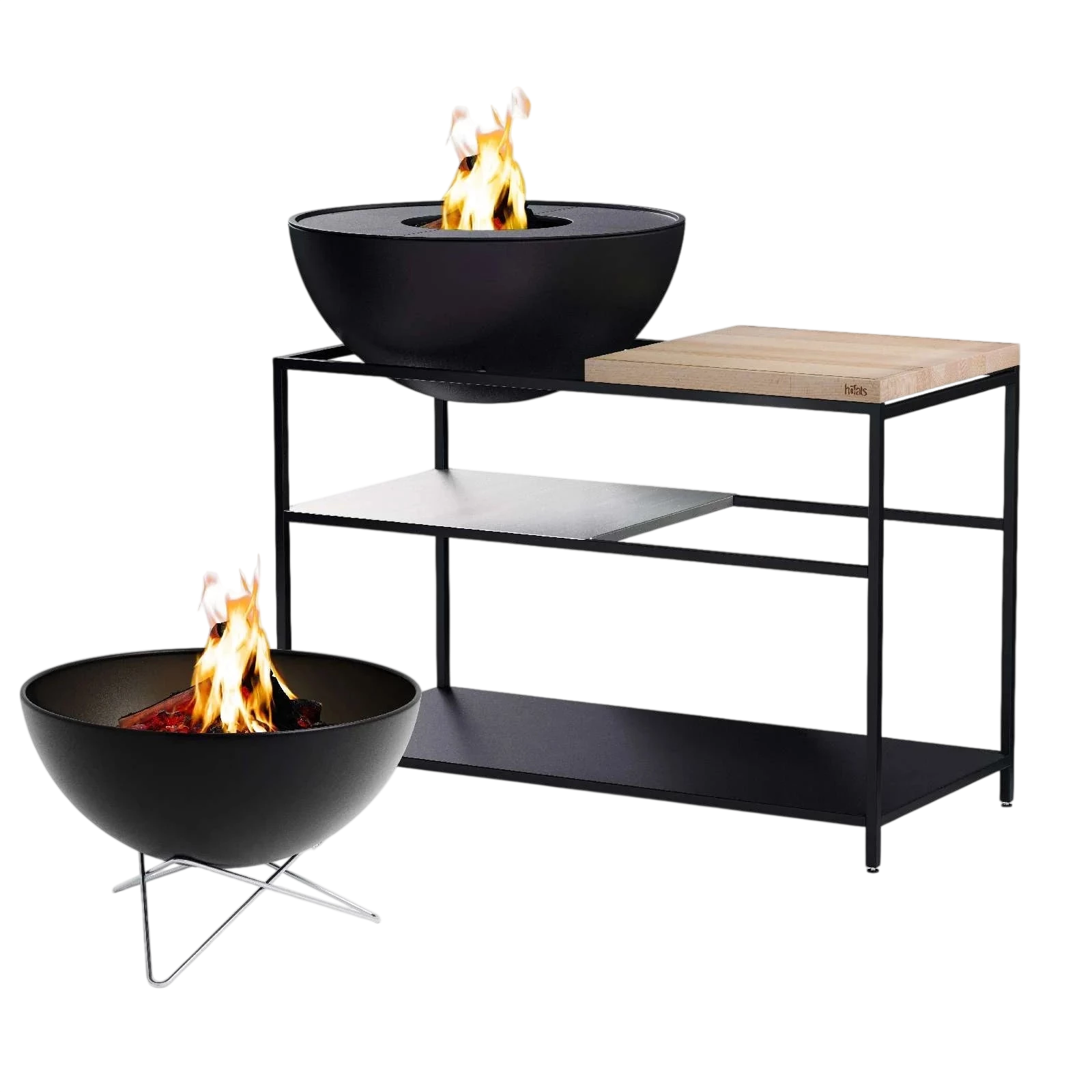 Foyer de feu moderne noir avec dessus en bois et cadre en métal, conçu pour un usage extérieur.