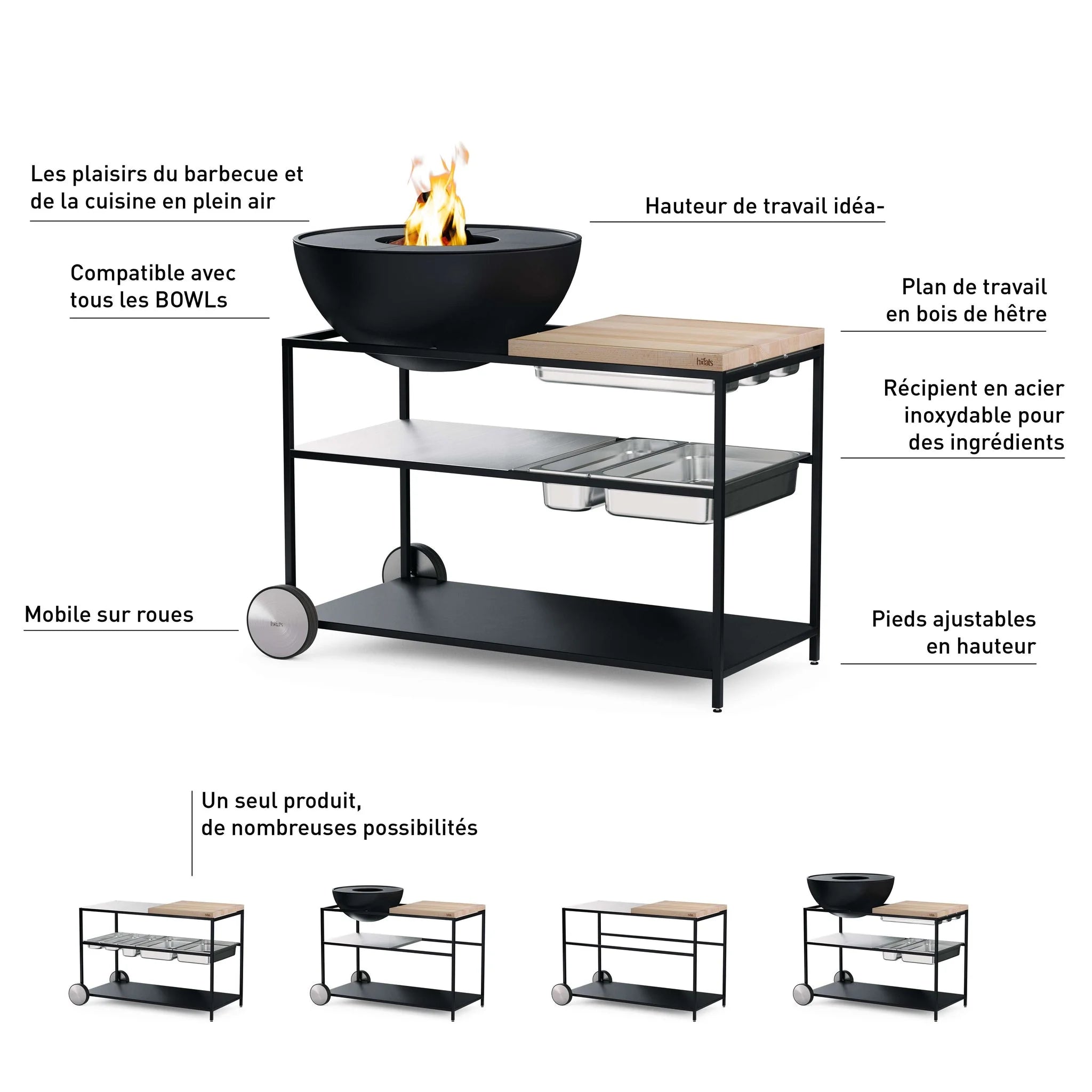 Station de grillade roulante noire avec dessus en bois et bol en acier inoxydable, conçue pour la cuisine en extérieur.