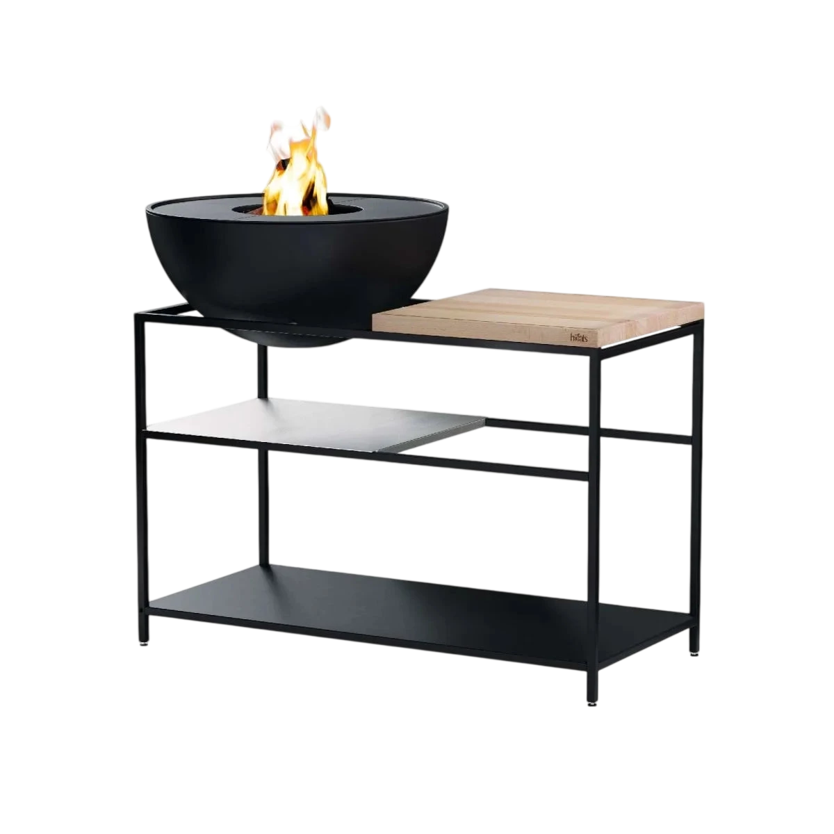Bol en métal noir avec dessus en bois et étagère inférieure, design moderne.