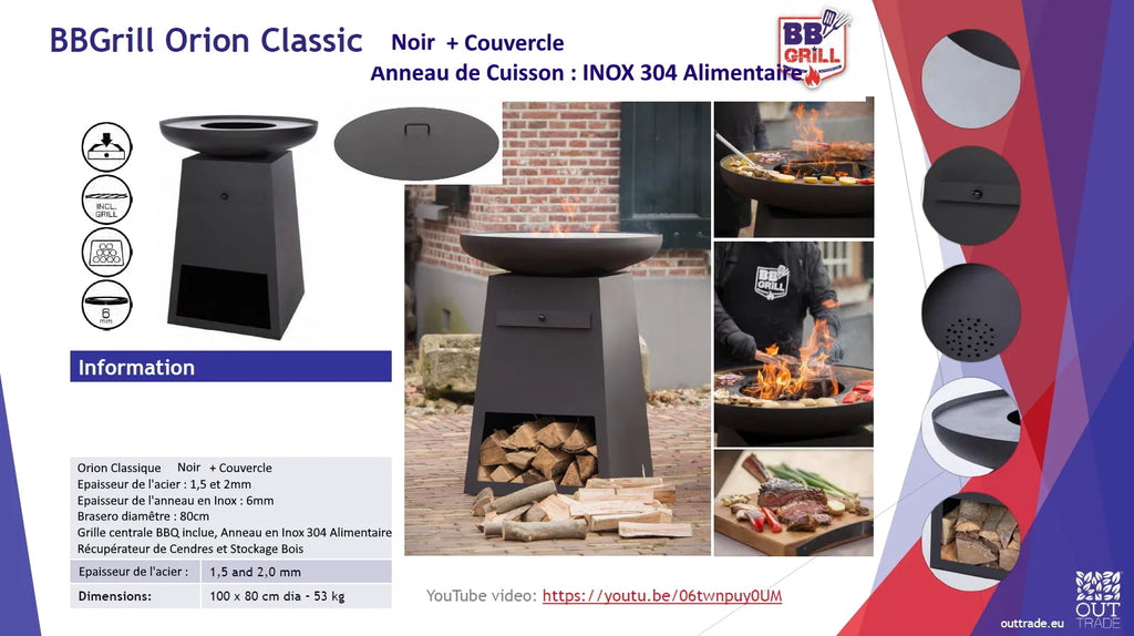Barbecue Black bbgrill orion classic avec un couvercle assorti, fabriqué en acier inoxydable 304 de qualité alimentaire.